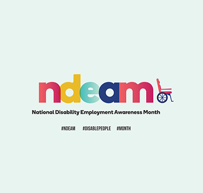 rainbow colored acronym "ndeam" and a small pink wheel chair on a light blue background.