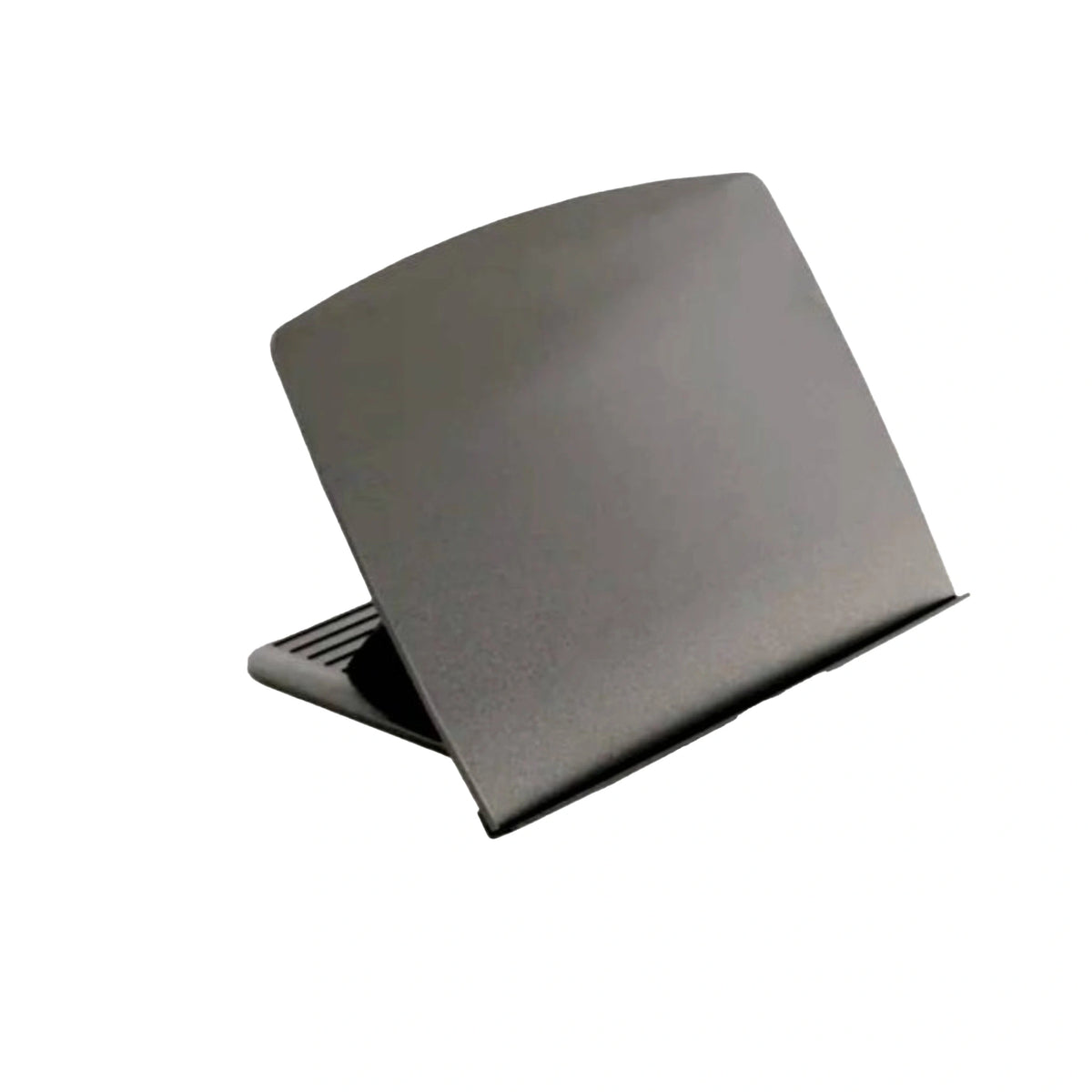 A black, matte-finished document holder with a gently curved front panel that provides an inclined surface for holding papers. The back is slanted at an angle and there a divot on the base for angle adjustment