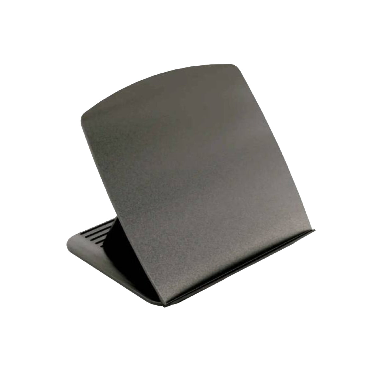 A black, matte-finished document holder with a gently curved front panel that provides an inclined surface for holding papers. The back is slanted at an angle and there a divot on the base for angle adjustment