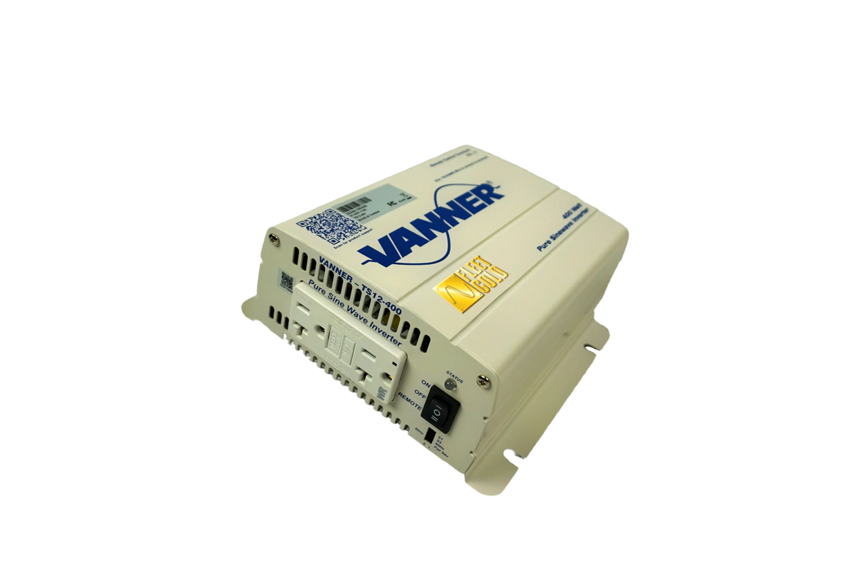 Side view of the Vanner 400 watt power inverter with a focus on the outlets