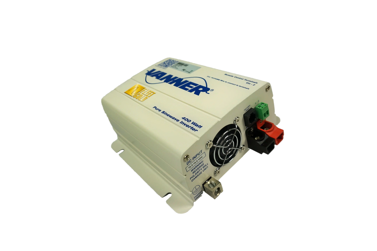 Side view of the Vanner 400 watt power inverter with a focus on the cooling fan