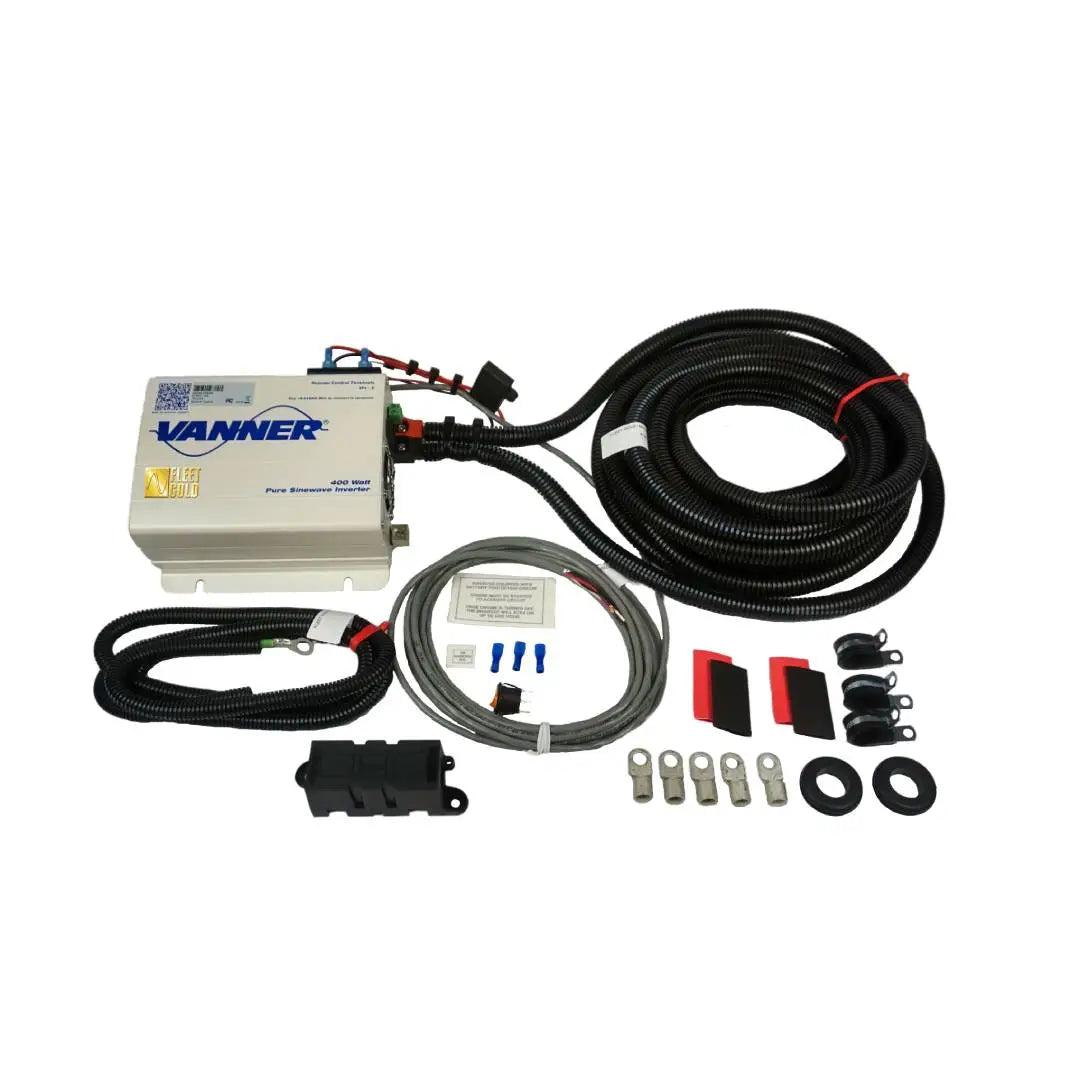 The Vanner 400 watt power inverter with a wire harness and installation kit. Includes pre-assembled cables, fuses, and a low battery voltage protection circuit