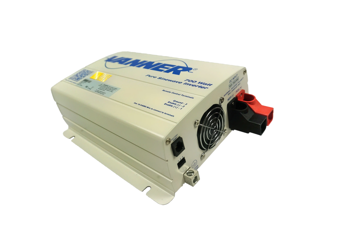 Side view of the Vanner 700 watt power inverter with a focus on the cooling fan