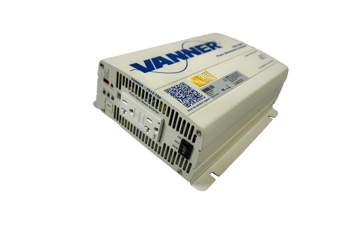 Side view of the Vanner 700 watt power inverter with a focus on the outlets