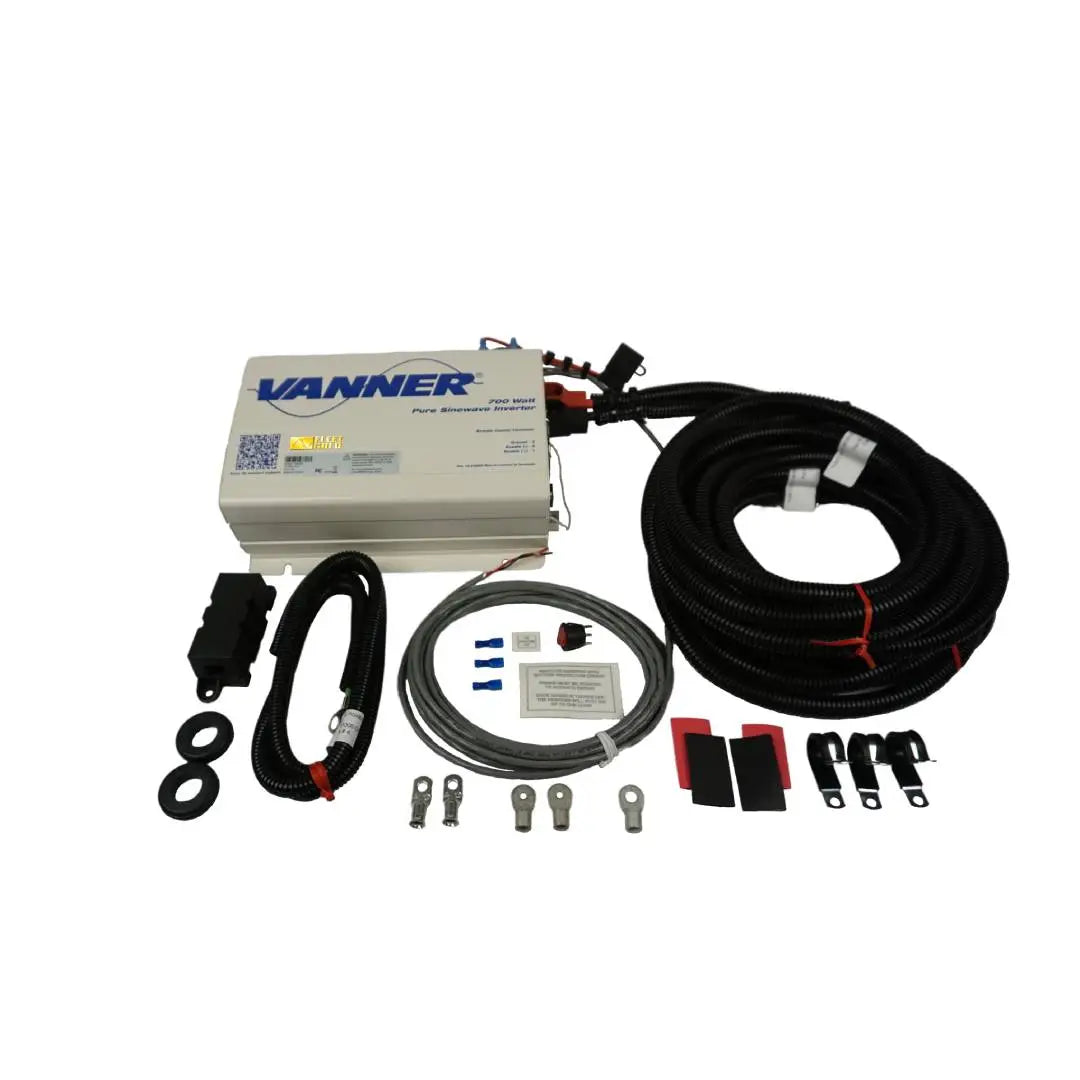 The Vanner 700 watt power inverter and wire harness and installation kit. Includes pre-assembled cables, fuses, and a low battery voltage protection circuit