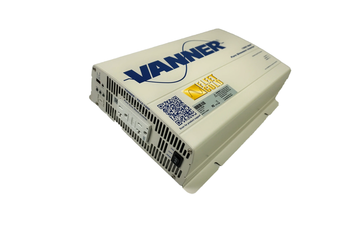 Side view of the 1,500 watt Vanner power inverter with a focus on the outlets