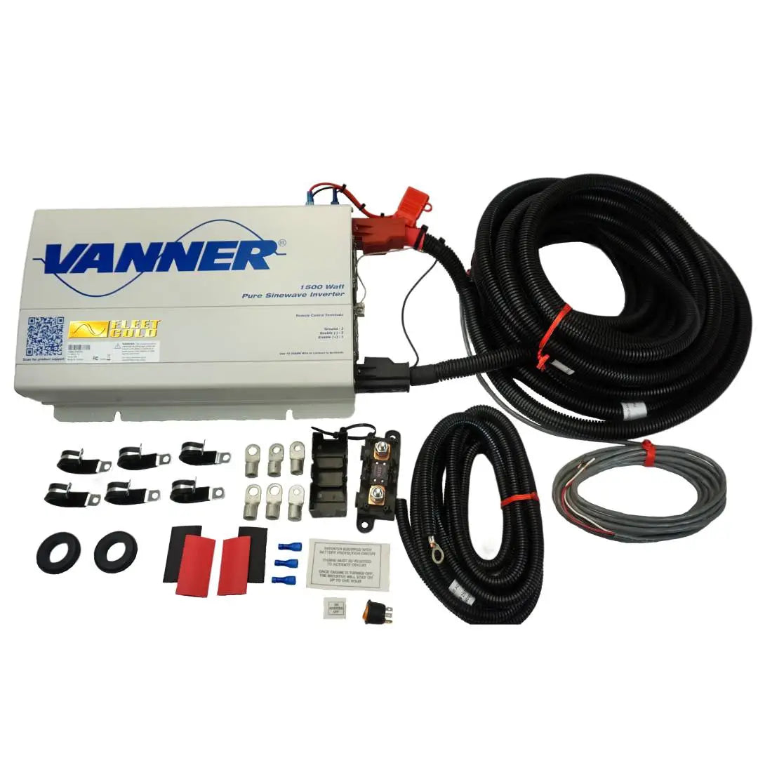 1,500 watt Vanner power inverter with wire harness and installation kit.  Includes pre-assembled cables, fuses, and a low battery voltage protection circuit