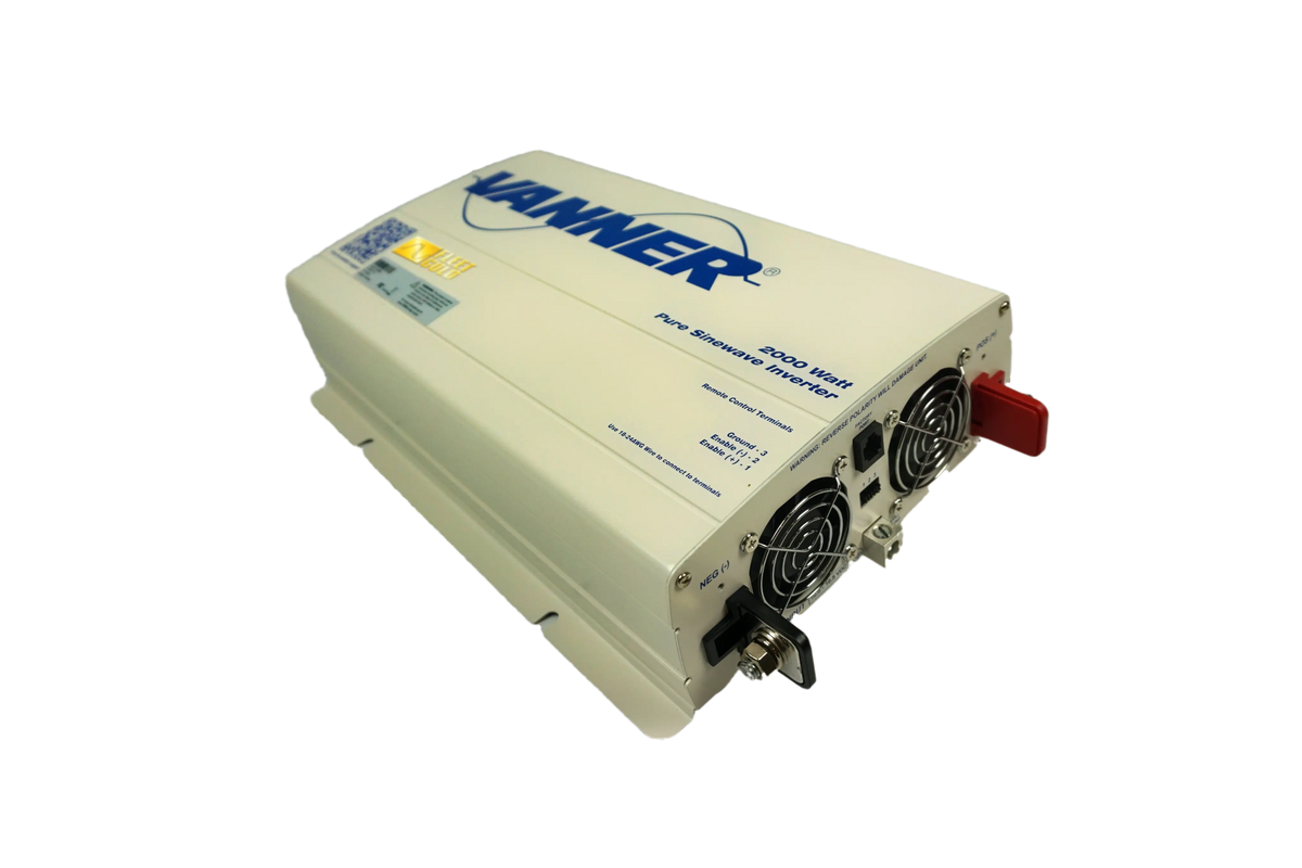 Side view of the Vanner 2,000 watt power inverter with a focus on the cooling fans