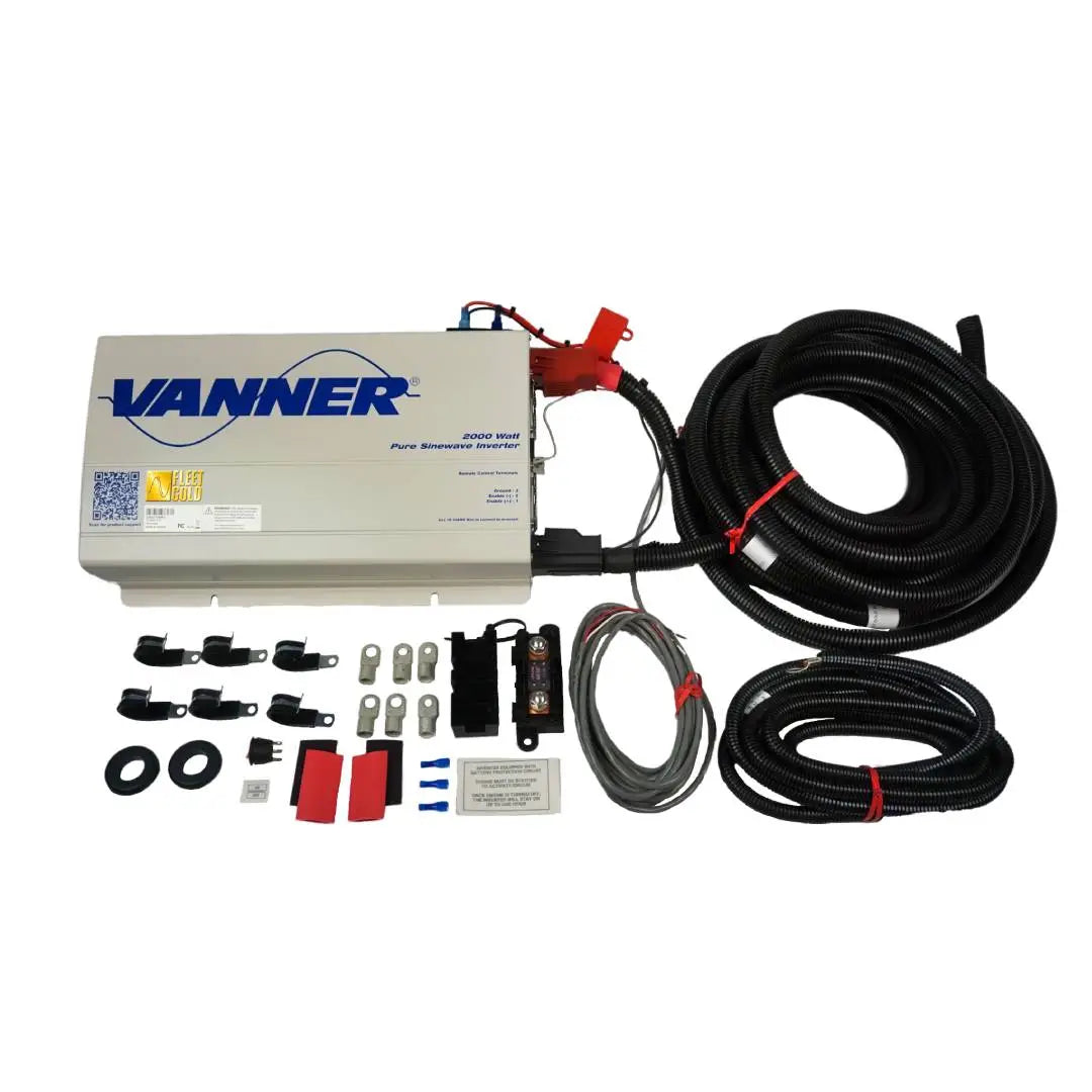 The Vanner 2,000 watt power inverter with a wire harness and installation kit. includes pre-assembled cables, fuses, and a low battery voltage protection circuit