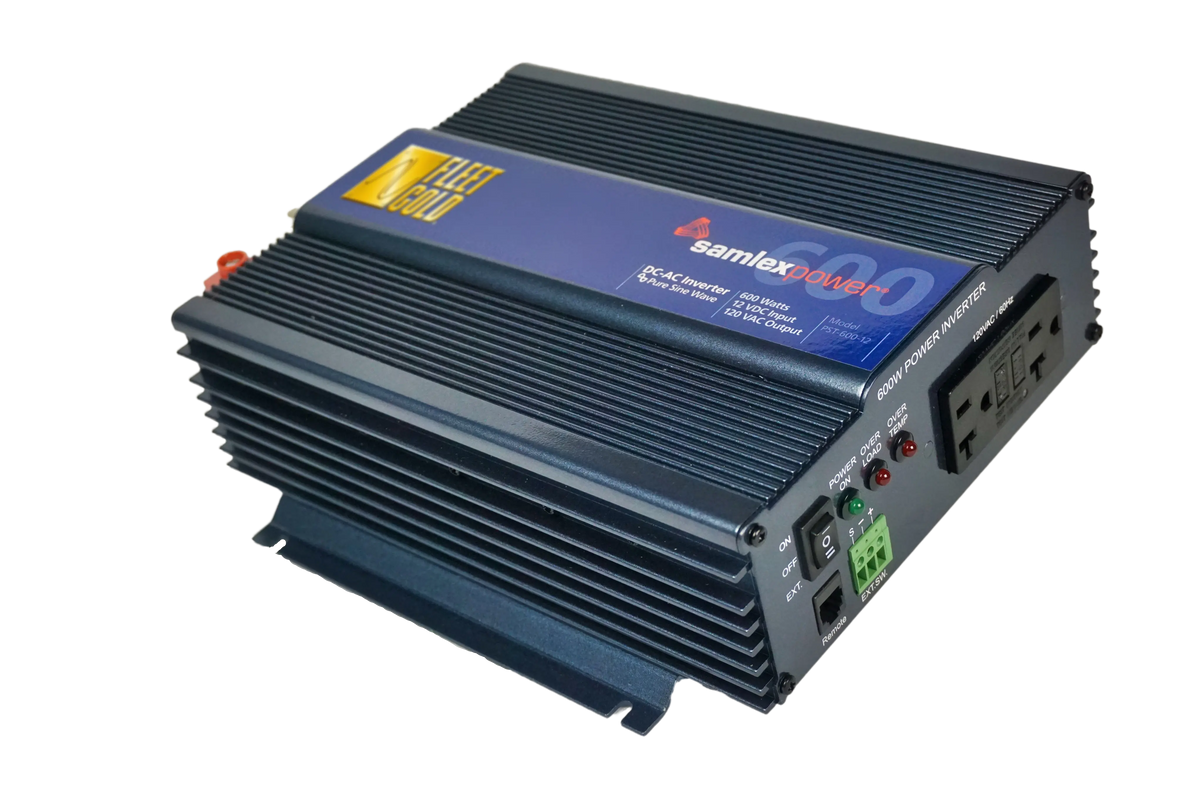 Side view of the Samlex 600 watt power inverter with a focus on the outlets