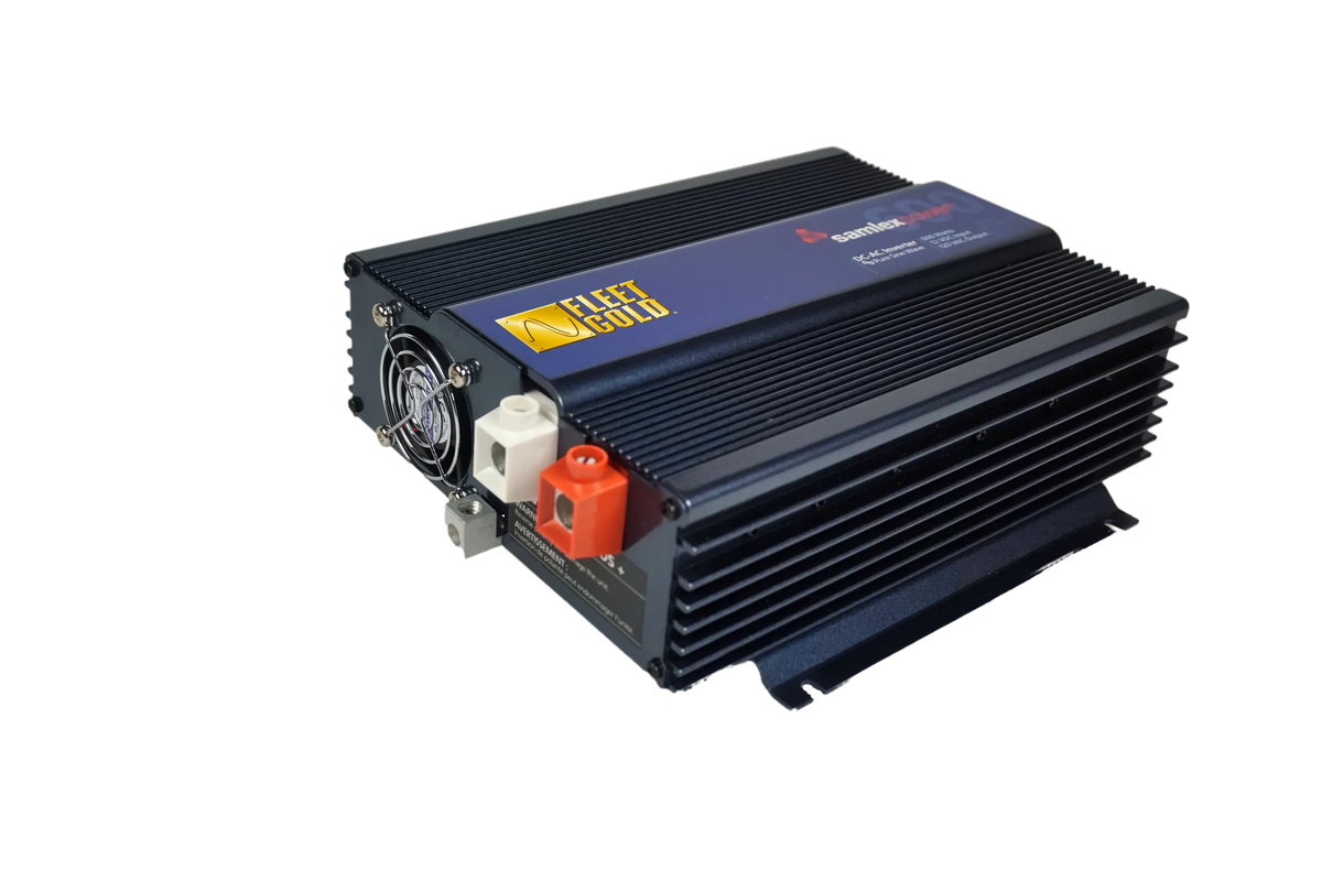 Side view of the Samlex 600 watt power inverter with a focus on the cooling fan