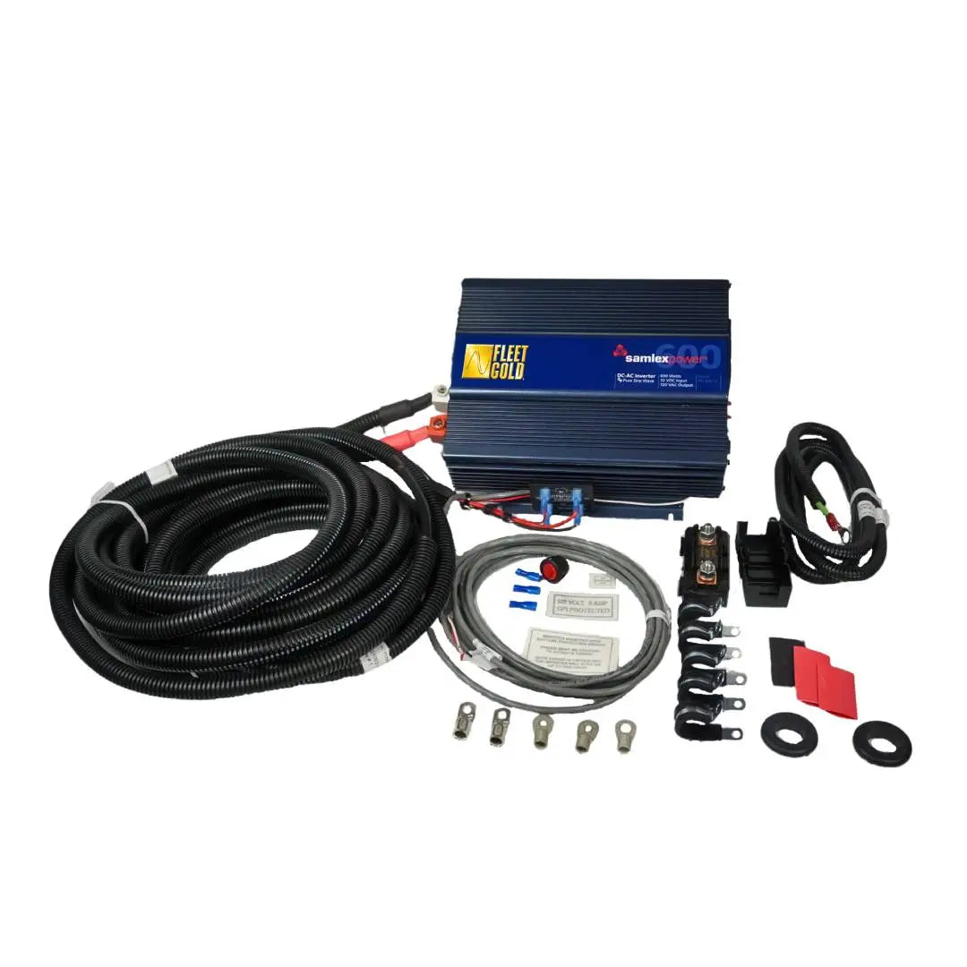 A Samlex 600 watt power inverter with a wire harness and installation kit. Includes pre-assembled cables, fuses, and a low battery voltage protection