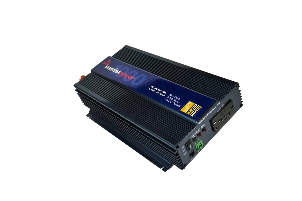 Side view of the Samelx 1,000 watt power inverter with a focus on the outlets