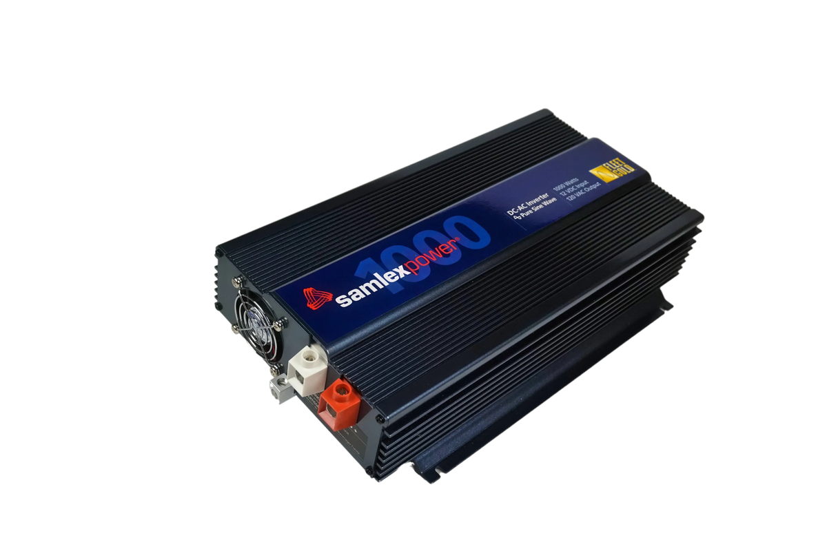 Side view of the Samlex 1,000 watt power inverter with a focus on the cooling fan