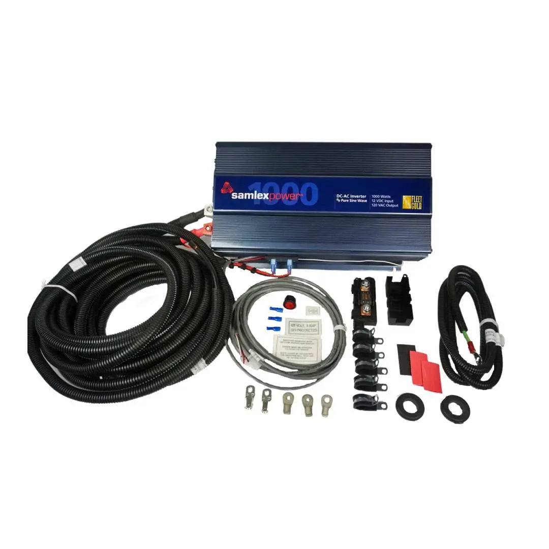 The Samlex 1,000 watt power inverter with a wire harness and installation kit. Includes pre-assembled cables, fuses, and a low battery voltage protection circuit