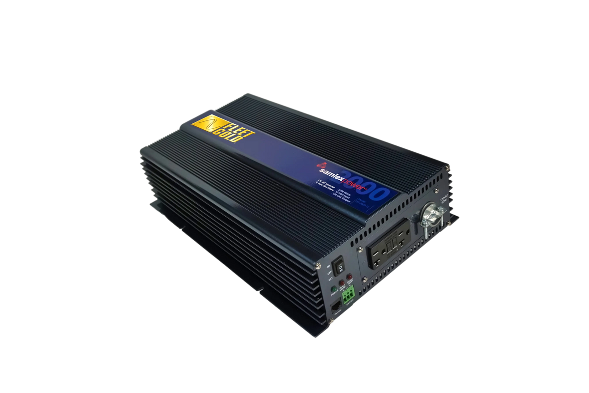 Side view of the Samlex 2,000 watt power inverter with a focus on the outlets