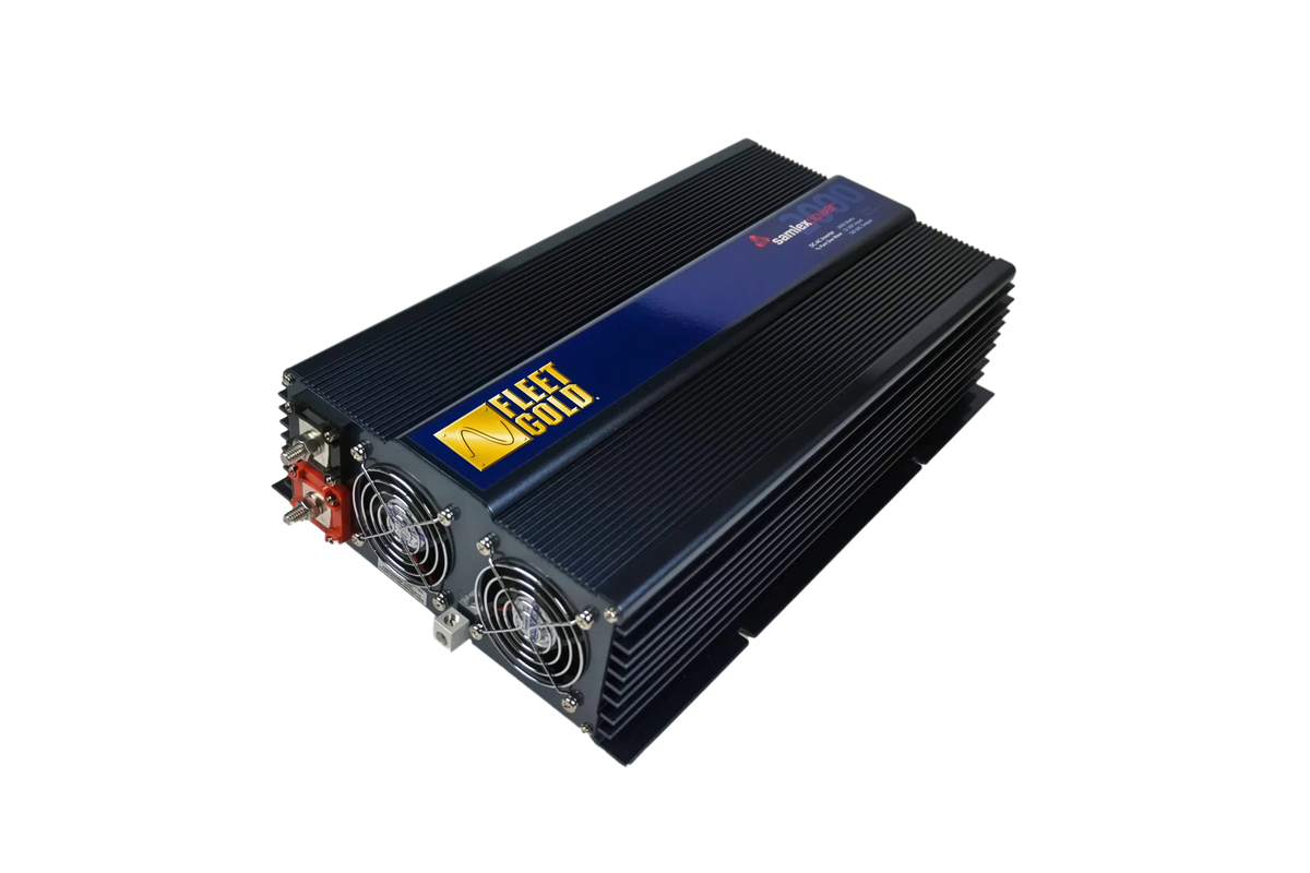 Side view of the Samlex 2,000 watt power inverter with a focus on the cooling fans