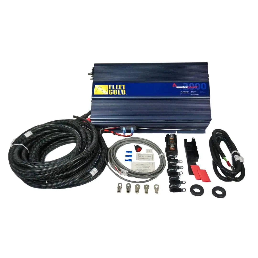 The Samlex 2,000 watt power inverter with a wire harness and installation kit. Includes pre-assembled cables, fuses, and a low battery voltage protection circuit