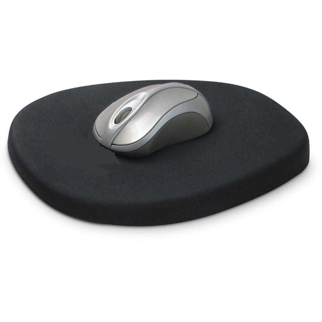 Black oval mousepad with silver mouse on top