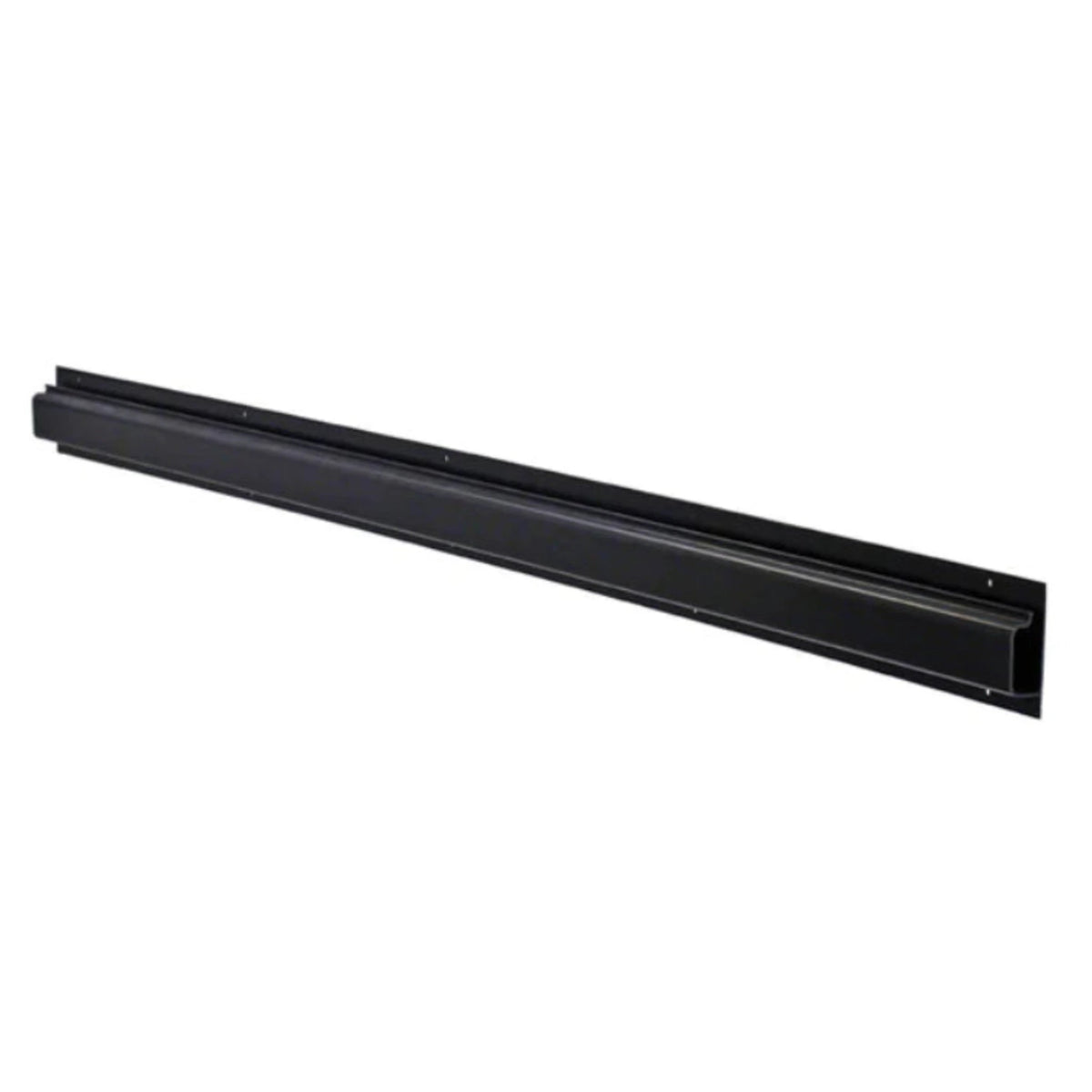 a black, elongated metal hardware with a rectangular profile and multiple holes along its length