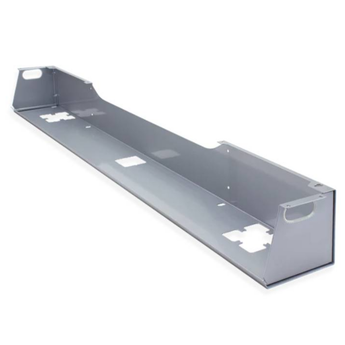 a long, sliver metallic rectangular base with raised sides forming an open-top channel. The trough features multiple pre-cut holes and slots on the base and sides for cable routing and attachment to other equipment