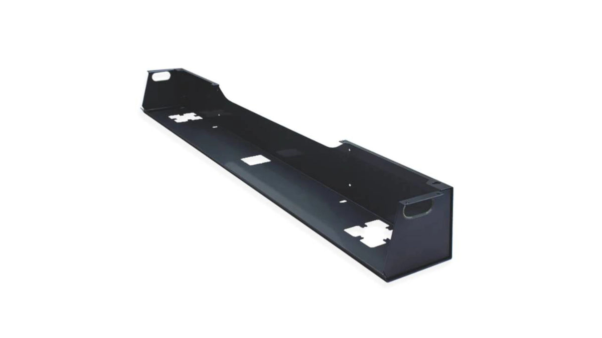 a long, black metallic rectangular base with raised sides forming an open-top channel. The trough features multiple pre-cut holes and slots on the base and sides for cable routing and attachment to other equipment