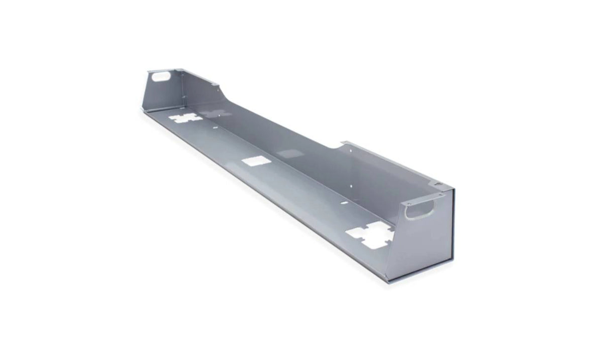 a long, sliver metallic rectangular base with raised sides forming an open-top channel. The trough features multiple pre-cut holes and slots on the base and sides for cable routing and attachment to other equipment