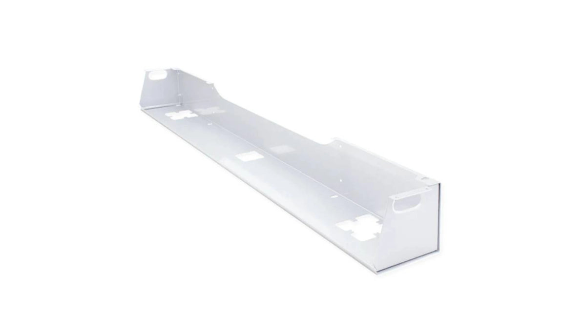 a long, white metallic rectangular base with raised sides forming an open-top channel. The trough features multiple pre-cut holes and slots on the base and sides for cable routing and attachment to other equipment