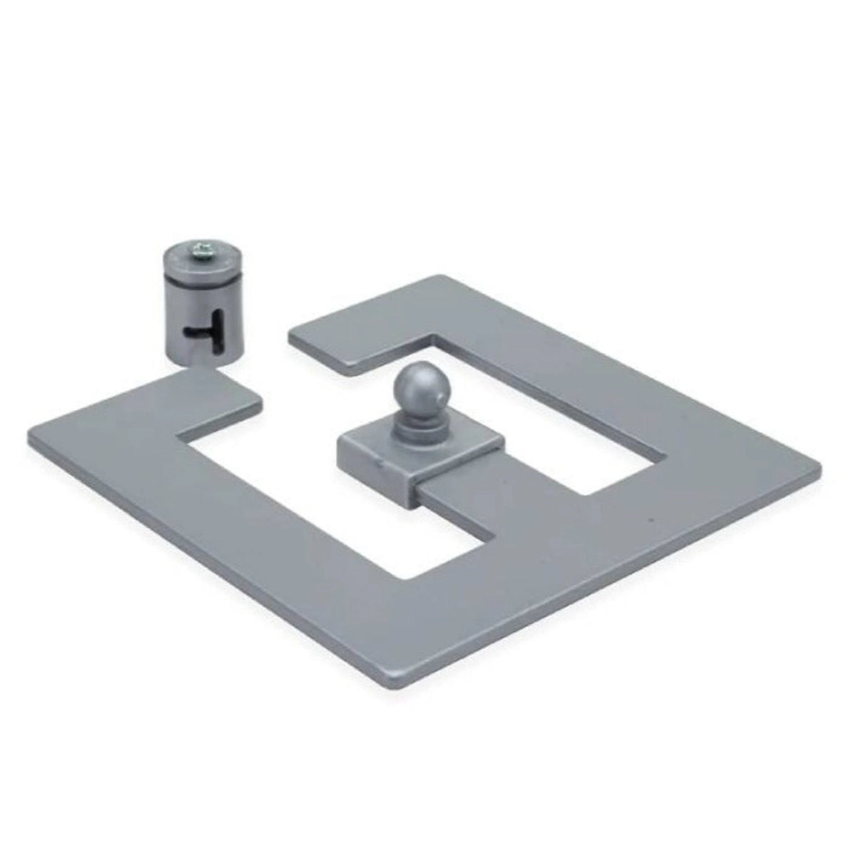 a gray Cable Chain Desk/Floor Mount Kit made up of a flat square base with two cut-out slots and a central raised mounting post. Accompanying it is an adjustable clamp with a cylindrical body and a rotating knob on top