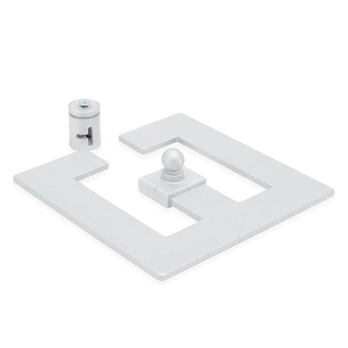 a white Cable Chain Desk/Floor Mount Kit made up of a flat square base with two cut-out slots and a central raised mounting post. Accompanying it is an adjustable clamp with a cylindrical body and a rotating knob on top