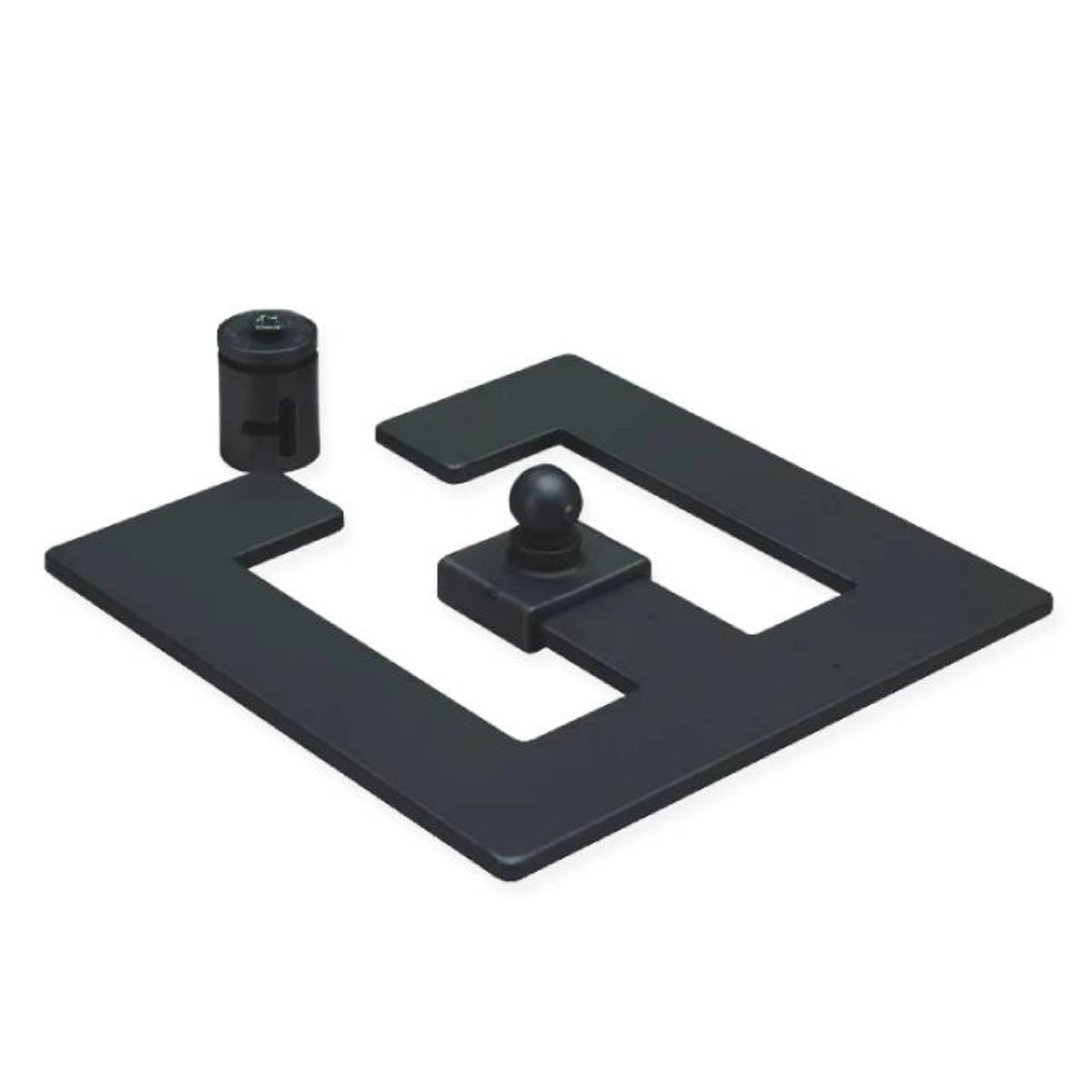 a black Cable Chain Desk/Floor Mount Kit made up of a flat square base with two cut-out slots and a central raised mounting post. Accompanying it is an adjustable clamp with a cylindrical body and a rotating knob on top