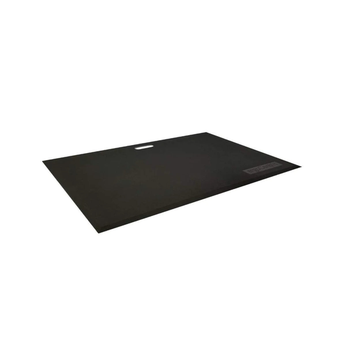 A rectangular, black anti-fatigue mat with beveled edges and a small cut-out handle on one side.