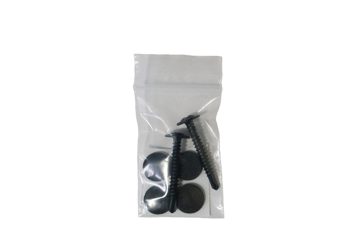 a small plastic bag with 2 long black screws and a sheet of 4 round black rubber stickers for mounting