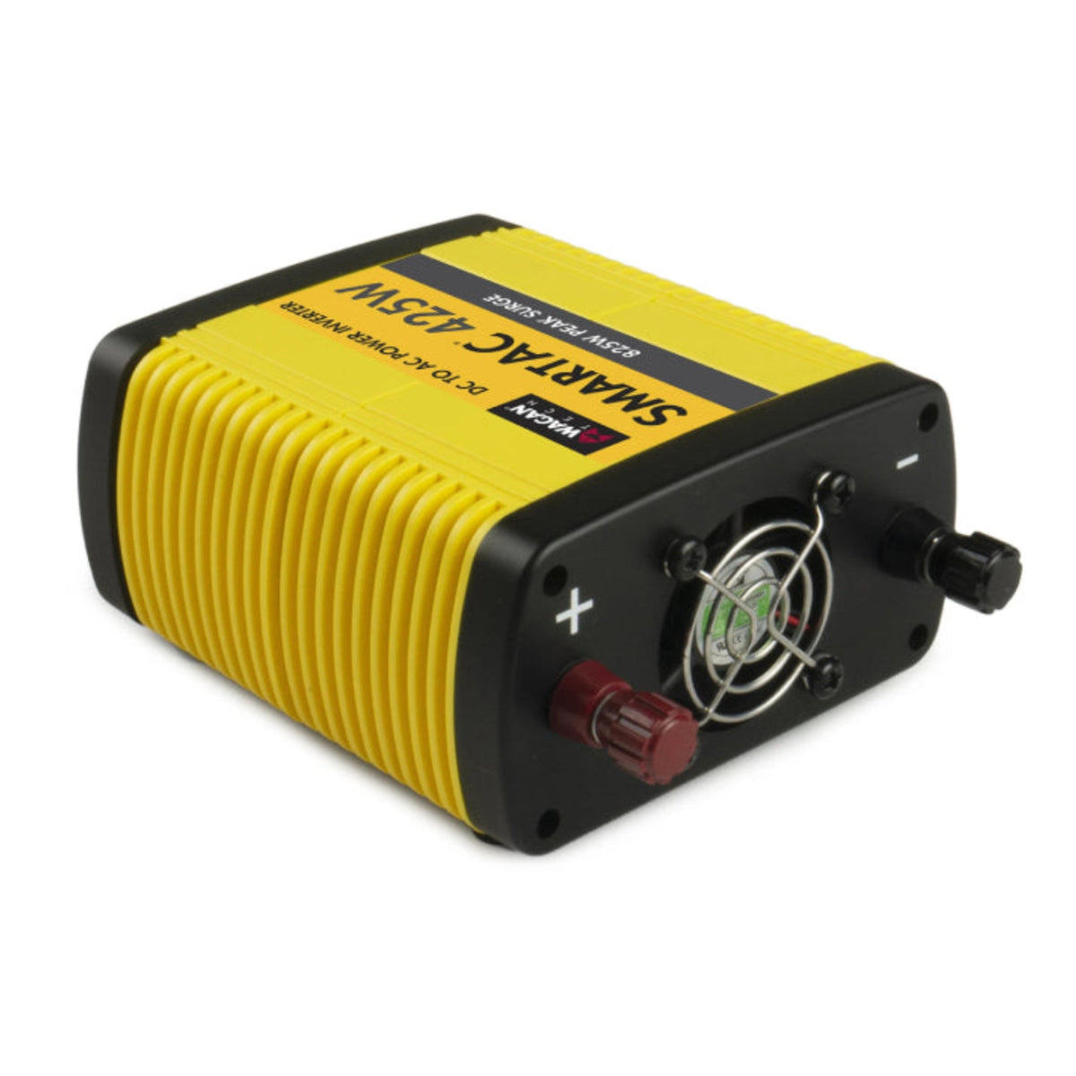 A compact power inverter with a yellow and black color scheme. The front panel has a red positive (+) terminal and a black negative (-) terminal, with wiring visible behind a clear protective cover. The side features the brand name “SMARTY CLAMP” in bold, inverted text. This model is a “SMARTAC 425W” with a peak surge capacity of 425W