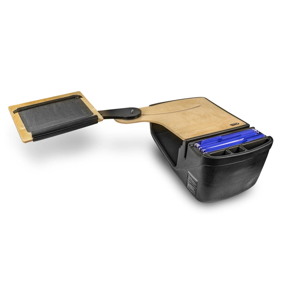 a backseat desk made of black plastic with a light wooden flat top surface. It has a storage compartment underneath with side slots for holding files or documents. This desk also has a light wooden slide out extension arm with a tray providing an additional ergonomic workspace. 