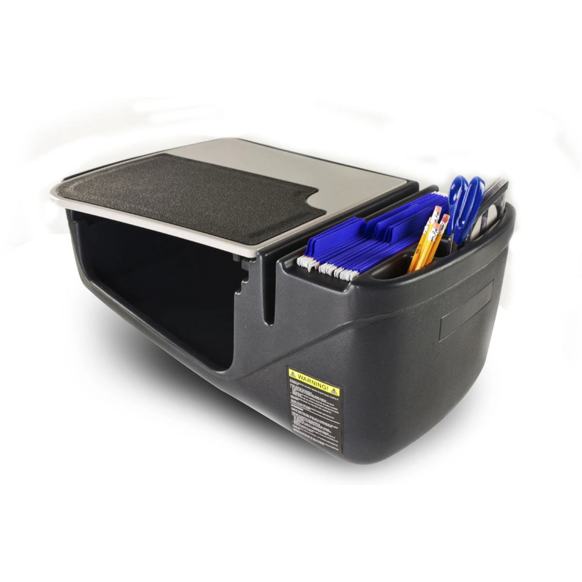 a desk made of black plastic with a flat, gray, sturdy work surface on top. This features a rubber grip for things like laptops, smart phones, or folders. It has compartment with blue hanging file holders on the front side as well as 3 compartments filled with pencils, scissors, and a CD.  This setup allows for easy access to files and provides a writing surface while on the go. 