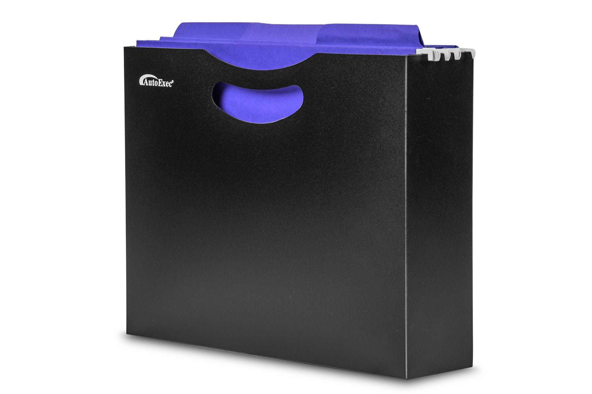 the front view of a sturdy black plastic file holder with a handle holding many purple file folders