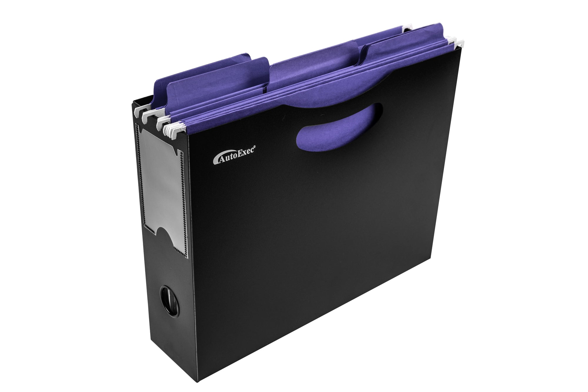 a sturdy black plastic file holder with a handle holding many purple file folders