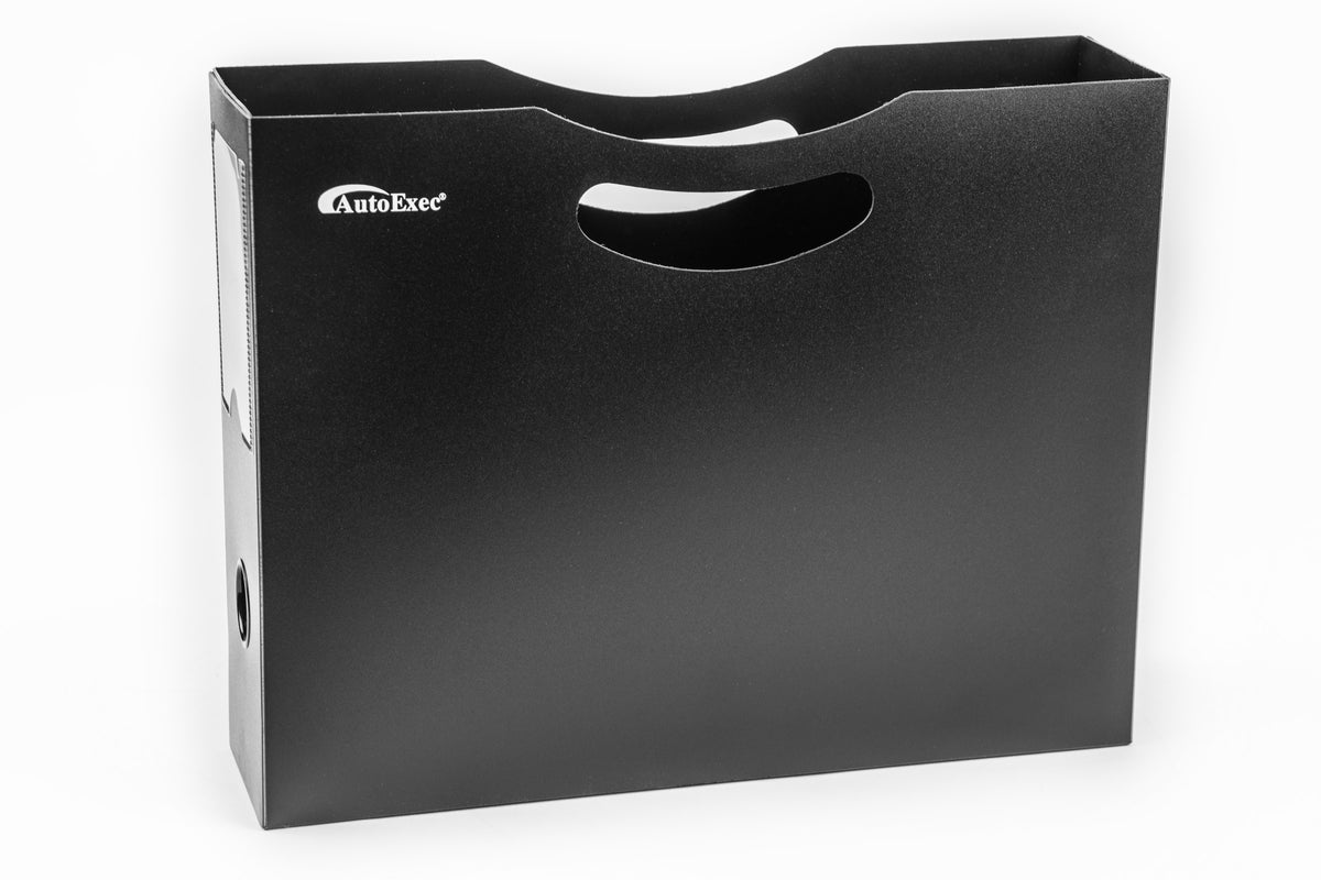 the front view of a sturdy black plastic file holder with a handle 