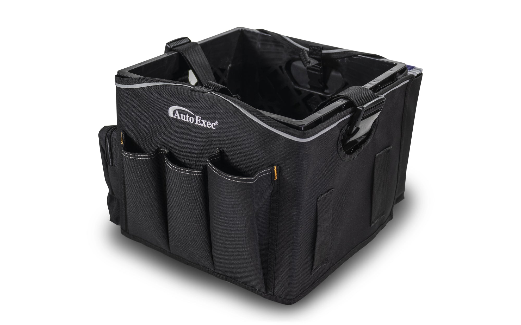 a black workstation vehicle organizer designed for in-car use. It features multiple compartments for storage, including a side pocket.