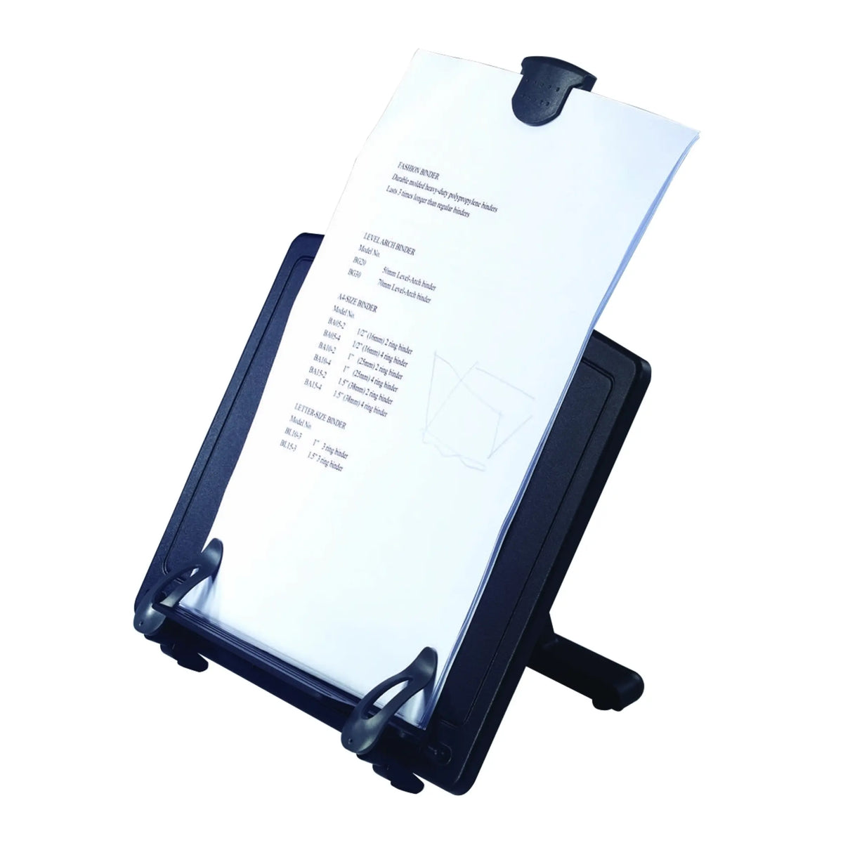Copy stand with extendable clip to accommodate various paper sizes.