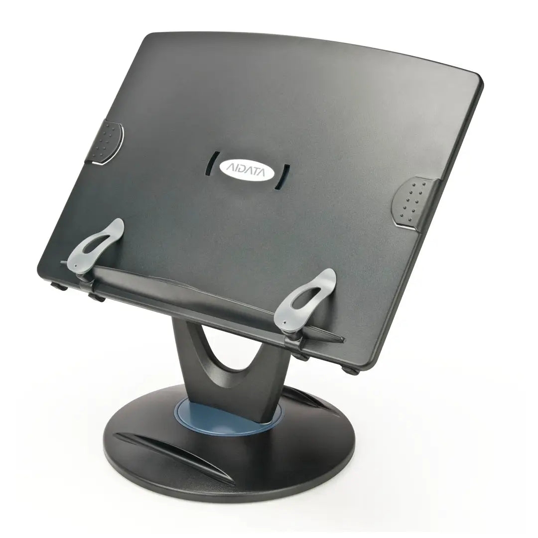 Black book stand with the phone and pen holder on the white background