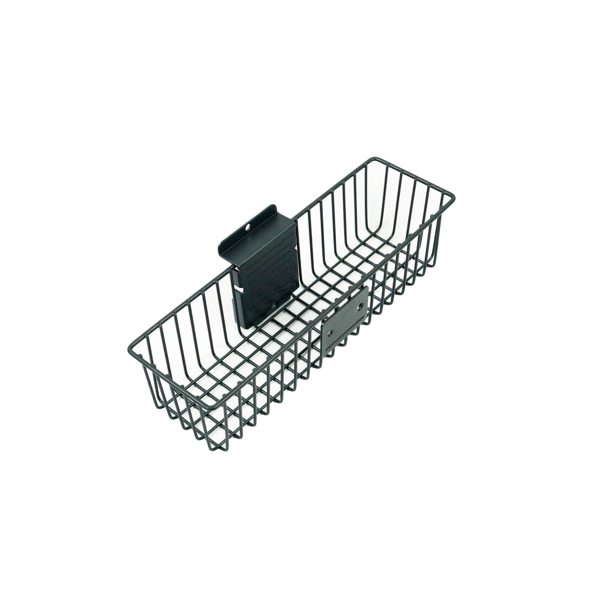 a small sized black metal basket with a long rectangular shape and a shallow depth, the back of the basket has two wall hooks with a screw hole