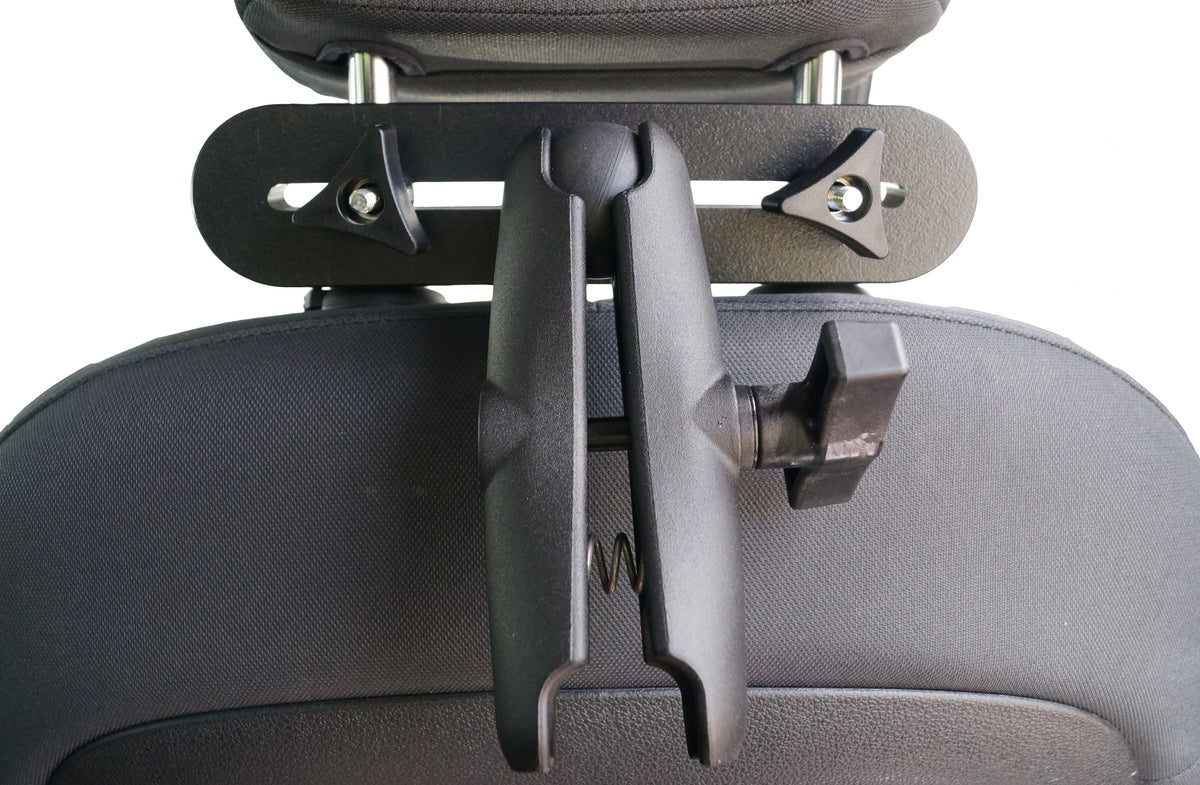 Black adjustable monitor mount attached to the back of a car seat under the headrest