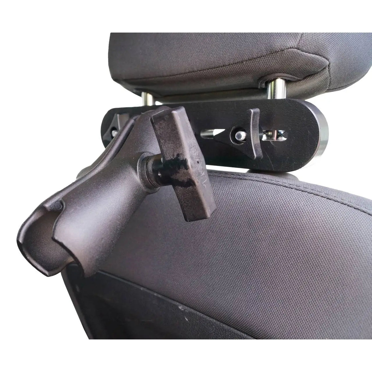 Side view of the black adjustable monitor mount attached to the back of a car seat under the headrest