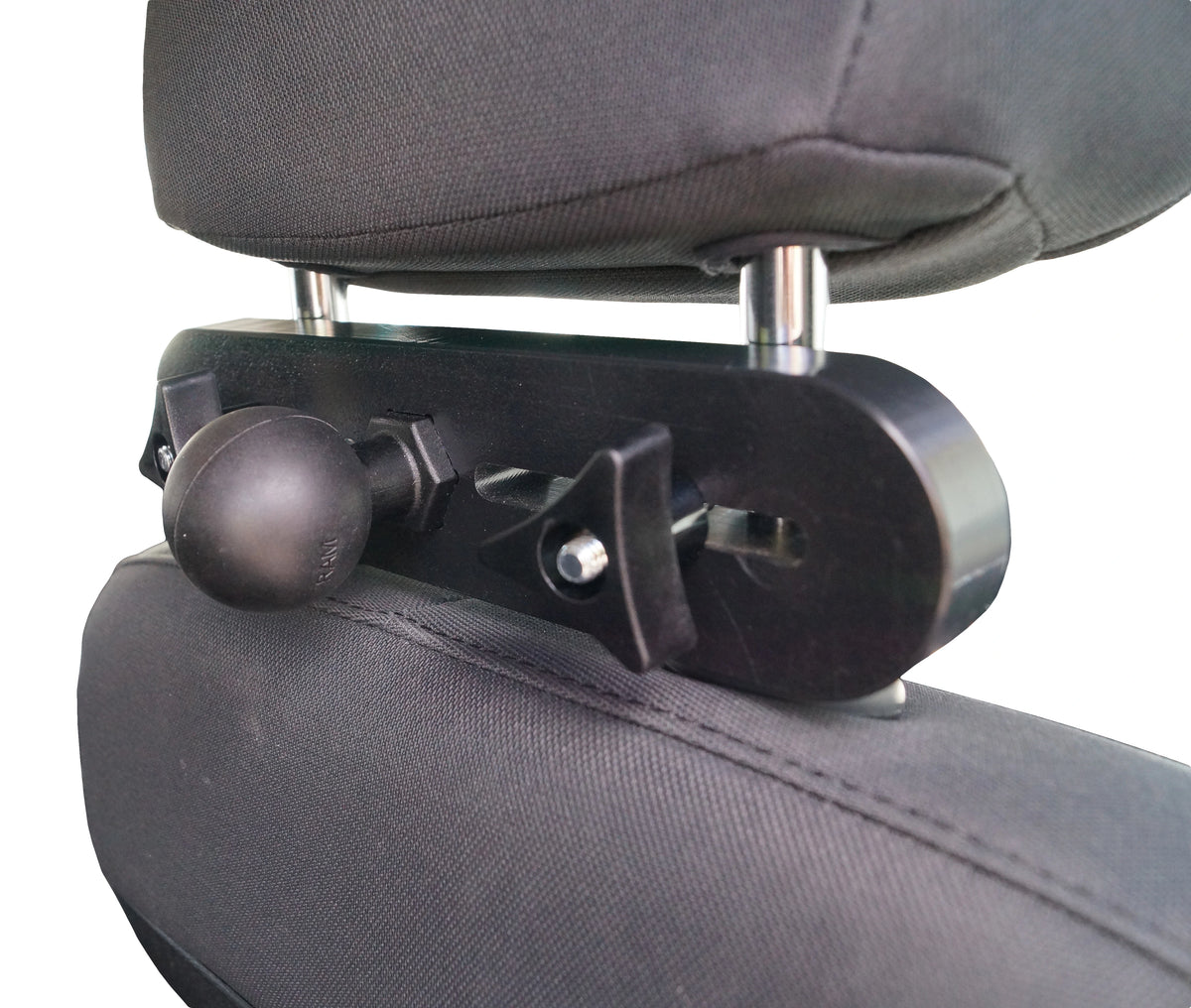 Black adjustable monitor mount attached to the back of a car seat under the headrest