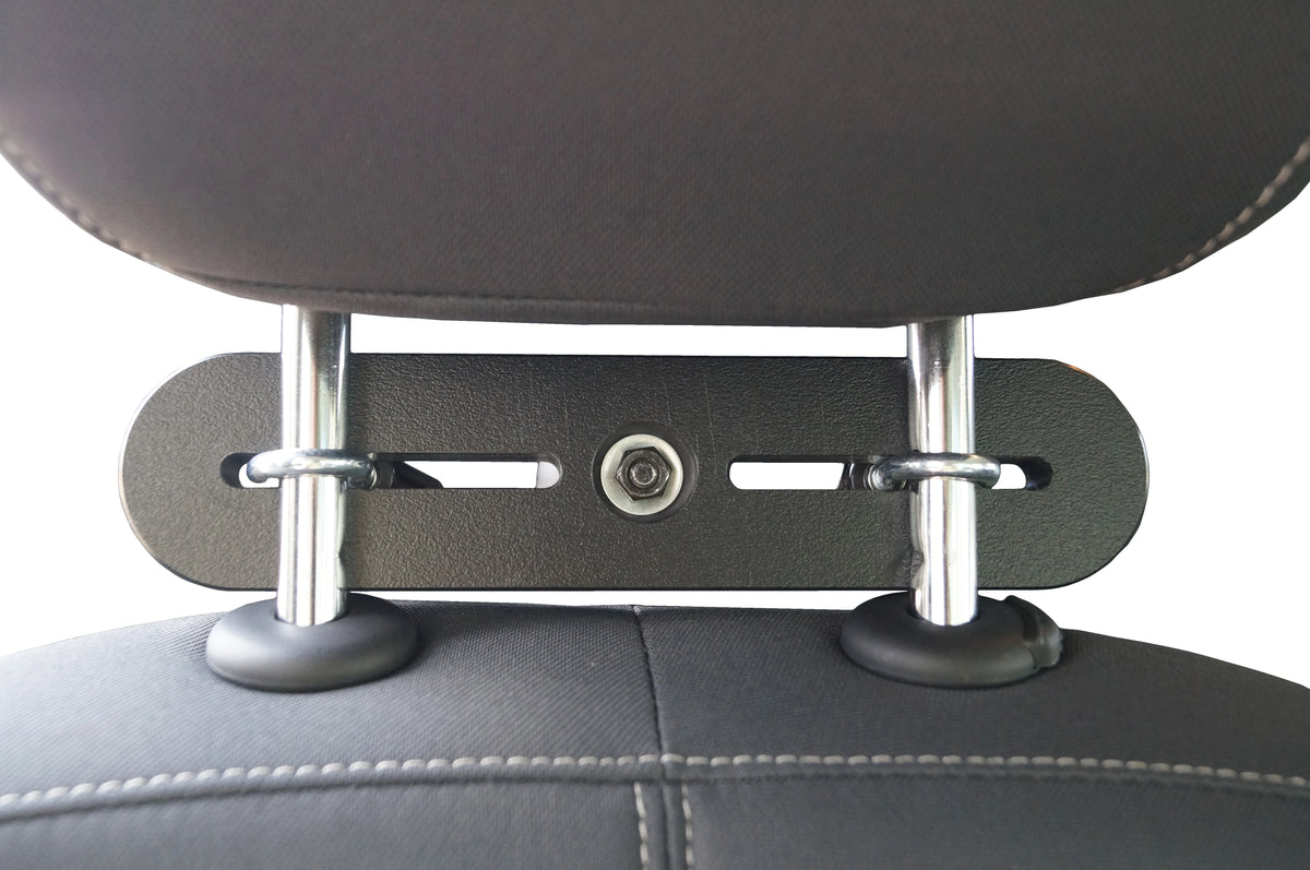 Back view of Black adjustable monitor mount attached to the back of a car seat under the headrest