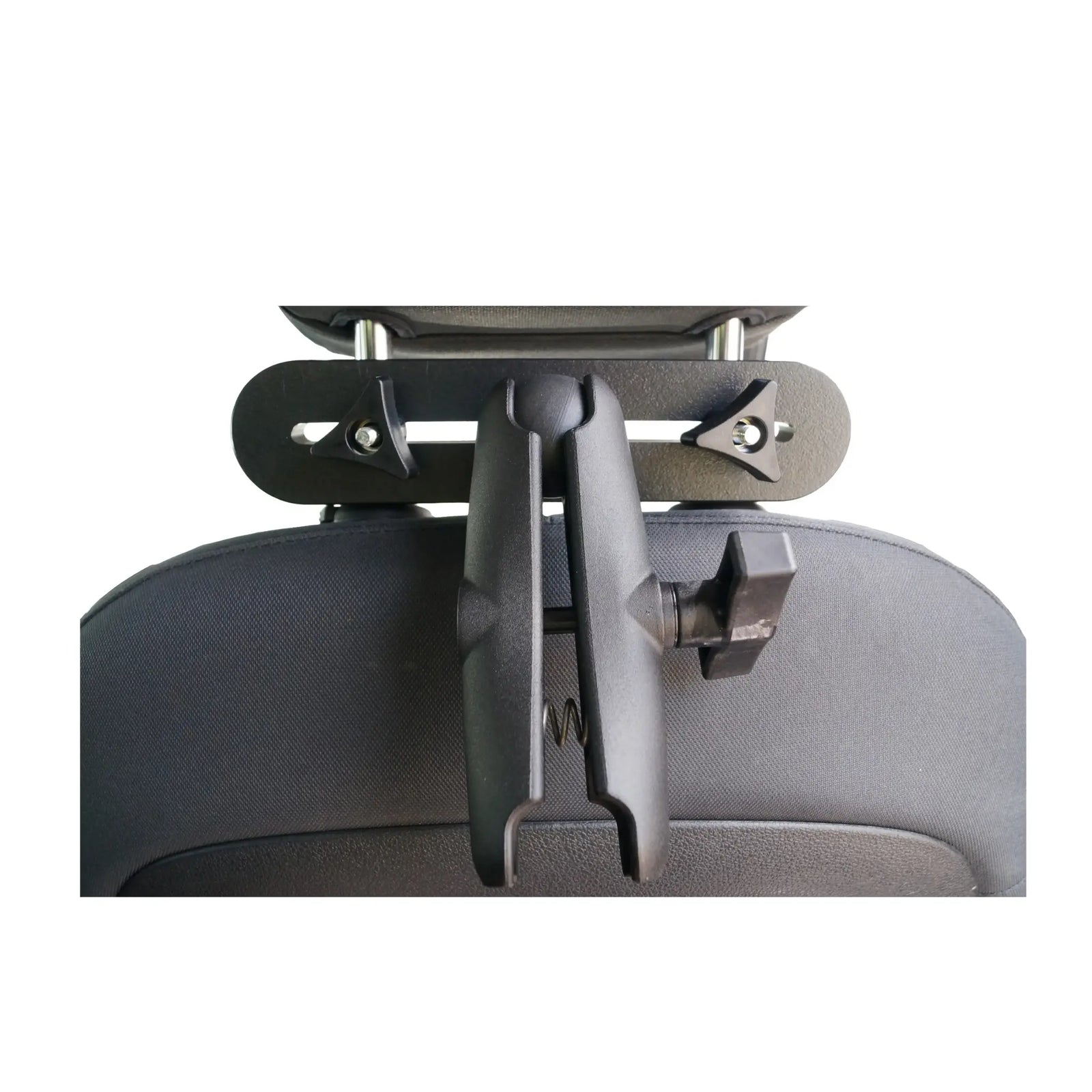 Front seat headrest with a mounted device on poles to hold a monitor. The device has a knob that allows for rotating and adjustment ability.