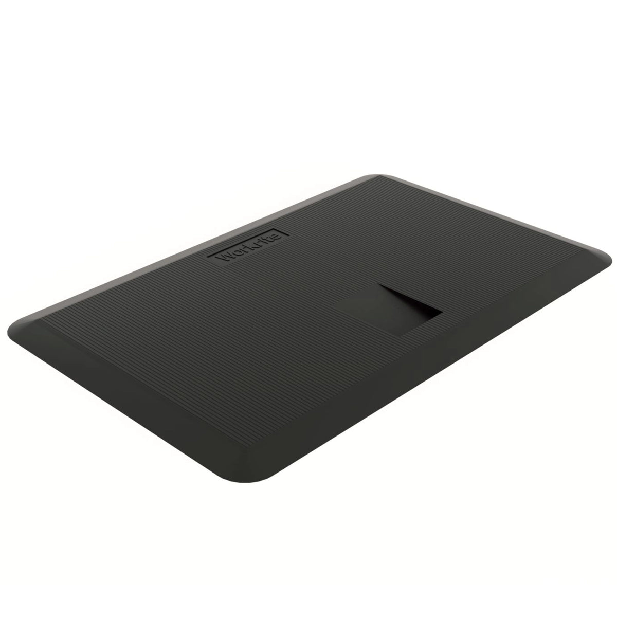 Black Workrite anti-fatigue mat on white background from an angle