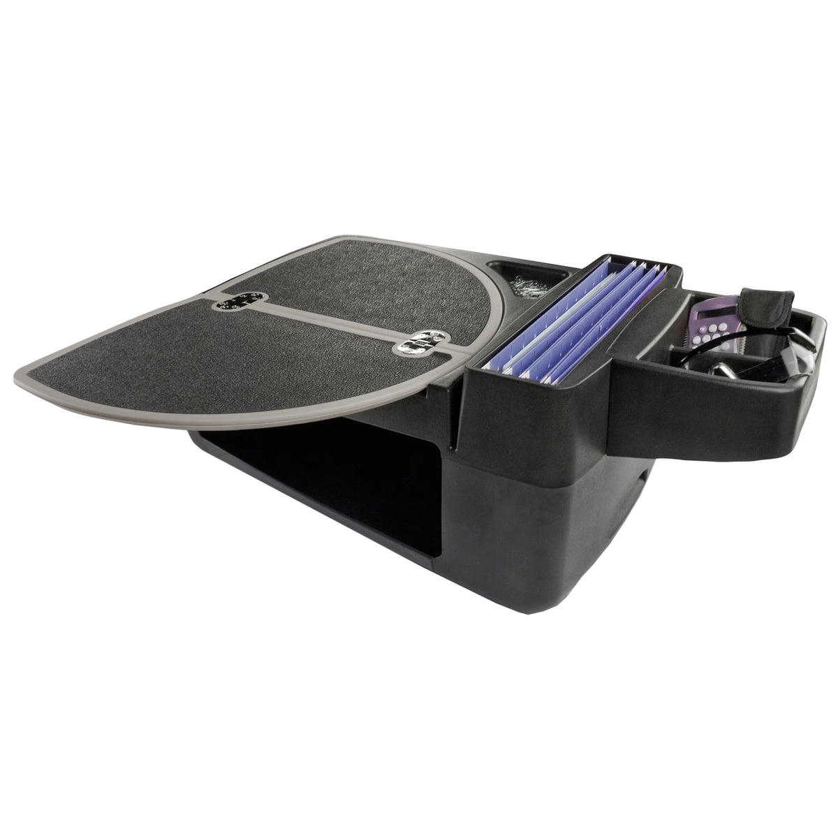 Black express car desk from the front with file folders and office accessories in the pockets on a white background